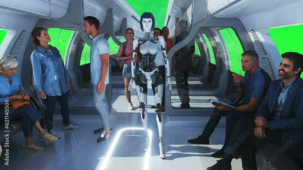 Canvas Prints 3d people and robots. flying passenger train. utopia. concept of the future.green screen. realistic 