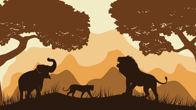 Elephant, Lion and Cheetah are in a forest and there are mountains in the background