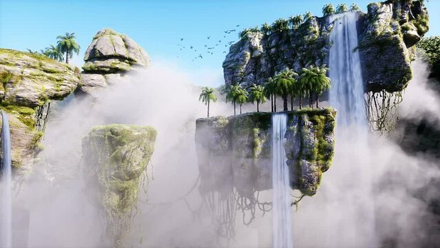 fantasy fairytale flying rocks . Realistic 4k animation.