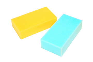 Multicolored sponges for cleaning,  on white background.
