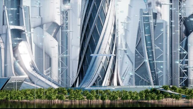 Futuristic city day. Sci fi architecture and buildings. Future concept. Realistic 4k animation.