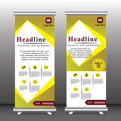 Roll up banner vertical template design, business, x-banner and standee banner advertising. vector illustration yellow and white roll up banners, standee, leaflet, flyers, stand,
