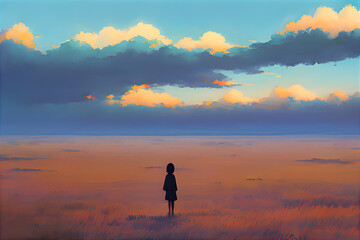 silhouette of a person in a vast empty wheat field gazing at the clouds on the horizon