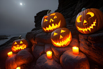 a pumpkins carved with intricate and spooky designs