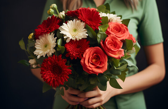 Big beautiful bouquet of red and white flowers close up in woman hands on green background. Date, Valentine Day or other holiday or event concept. Generated ai