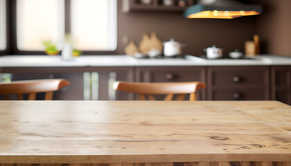 Dining table on blurred brown kitchen interior background