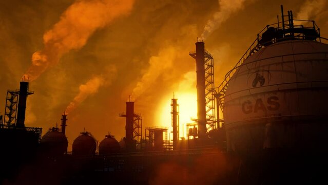 twilight liquid gas - LNG heavy industry at sundown, fictional - loop video