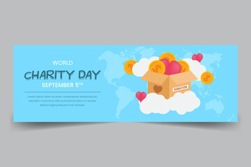 World Charity Day September 5th horizontal banner with box coins and hearth shape balloons illustration