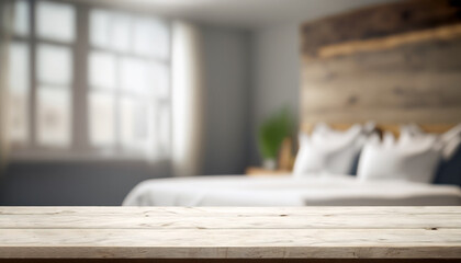 Wooden table top in front of blurred bedroom interior background