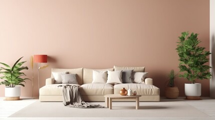 beige color sofa with brown bright color wall Contemporary home interior living room mock up house beautiful background,generative ai