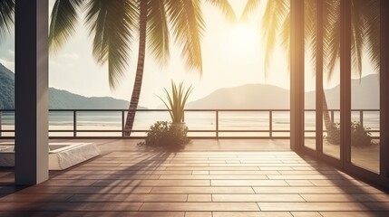 summer delight wooden balcony patio deck with sunlight and coconut tree panorama view house interior mock up design background house balcony daylight,generative ai