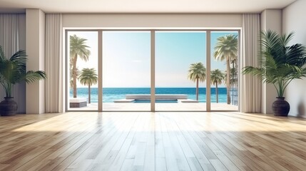 beautiful home interior space with black living room wooden floor with ocean seaside blue sky sea sand beach summer freshness travel season window view house design tropical style,generative ai - obrazy, fototapety, plakaty