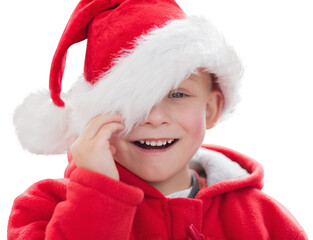 Digital png photo of happy caucasian boy in santa's hat at christmas on transparent background