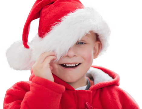 Digital png photo of happy caucasian boy in santa's hat at christmas on transparent background