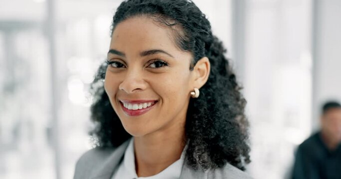 Face, funny business woman and lawyer in corporate office, workplace or company. African attorney, portrait and worker, professional or female employee laughing for success, happy and smile for law.