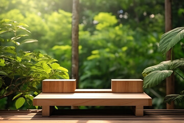 Nature Showcase: Wooden Product Display Podium Surrounded by Lush Greenery - Promoting Sustainable Living and Organic Lifestyle."