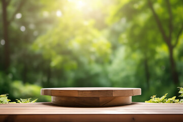 Fototapeta na wymiar Nature Showcase: Wooden Product Display Podium Surrounded by Lush Greenery - Promoting Sustainable Living and Organic Lifestyle.