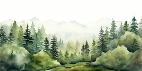 Nature's Serenity: Watercolor Landscape of Tranquil Forest