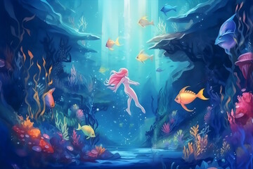 Fototapeta na wymiar Enchanting Underwater Birthday Celebration, Poster of a Dreamy and Beautiful Background, Featuring Fish, Mermaids, and an Imaginative Underwater World. Generative AI
