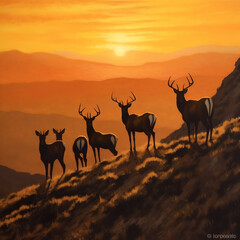 Serenity in the African Savanna: Majestic Sunset over Mountains and Antelopes Oryx in Pristine Wilderness