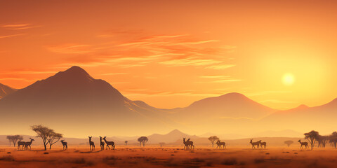 Fototapeta na wymiar Serenity in the African Savanna: Majestic Sunset over Mountains and Antelopes Oryx in Pristine Wilderness