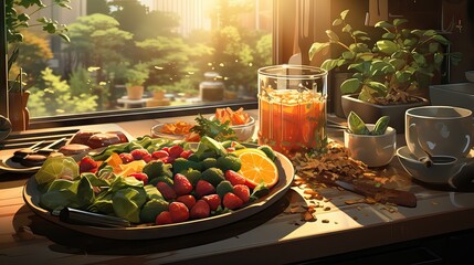 A table set with a delicious and natural breakfast, inviting you to start the day with fresh and healthy options. Generative AI