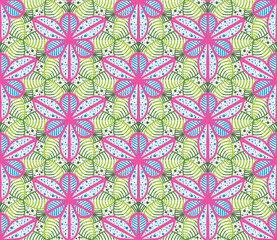 Pink Flowers with Green Leaves Seamless Pattern on White Background