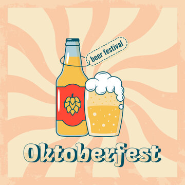 Oktoberfest Beer Festival. Holiday concept. Beer, a glass of beer and hops. Design for background, banner, card and poster. Flat vector illustration.