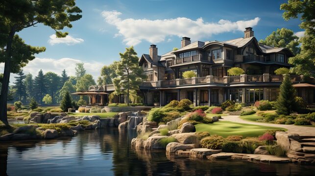 A beautiful facade of a luxurious country club nestled within a lush countryside. Generative AI