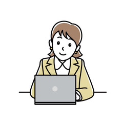 笑顔でパソコンを操作するスーツ女性