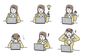 ノートパソコンに向かうスーツ女性セット