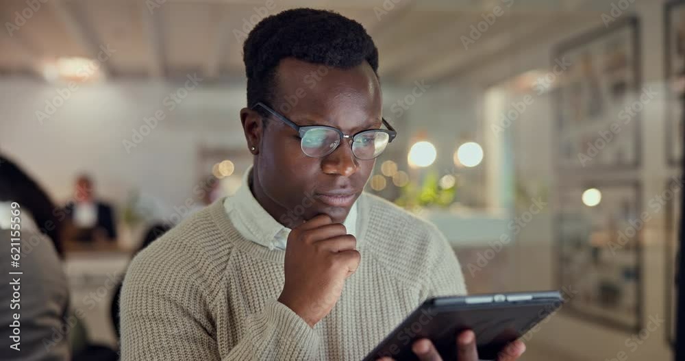 Poster tablet, thinking and business man on computer for digital marketing ideas, brainstorming and website