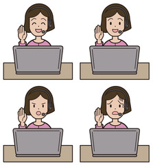 パソコン入力をしながら電話応対をするピンクの服の若い女性 コールセンター 表情パターン 手をあげる