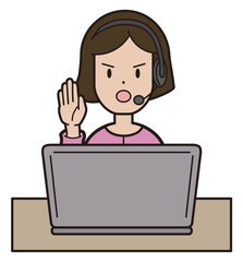 パソコン入力をしながら電話応対をするピンクの服の若い女性　コールセンター 怒り顔 手をあげる