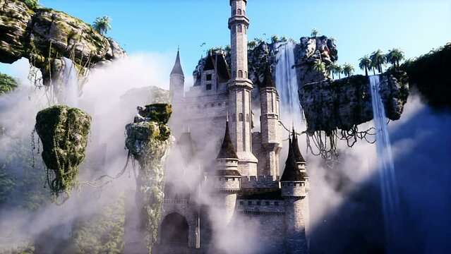 fantasy fairytale flying rocks with castle. Realistic 4k animation.