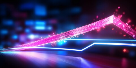 abstract neon arrow. Speed and technology concept. Glowing pink blue lines and bokeh lights, AI Generative