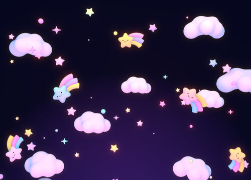 3d rendered kawaii stars with rainbow tails in the night sky.
