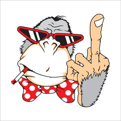 illustration of a monkey raising his middle finger can be used as a sticker - obrazy, fototapety, plakaty