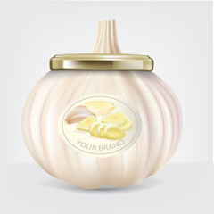 Fresh garlic packed in a garlic shaped bottle.