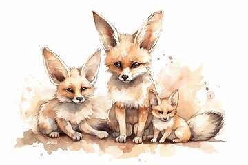 Watercolor ilustration of fennec fox mother and fennec fox children. Generative AI