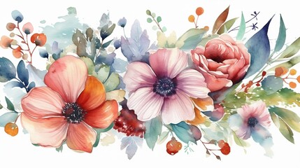 Watercolor flowers background. Generative AI