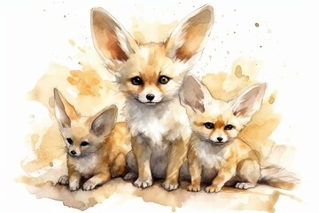 Watercolor ilustration of fennec fox mother and fennec fox children. Generative AI