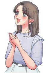 見上げながら感心する、少女まんが風のお姉さんイラスト
