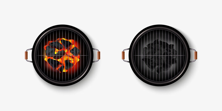 Grill top view. BBQ stove. Realistic barbecue brazier with coal and fire. Empty picnic oven. Outdoor meal cooking. Meat grilling. Metal grid. Hot round object. Vector 3D illustration