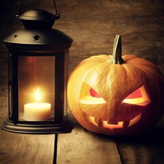 Halloween pumpkin with lantern on wooden