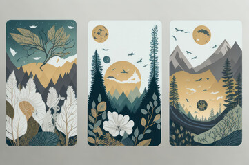Postcard design with watercolors, leaves, mountains and nature. Harmonize with soft tones.generative ai