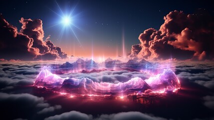 Fototapeta na wymiar 3d render, abstract cloud illuminated with neon light ring on dark night sky. Glowing geometric shape, round frame