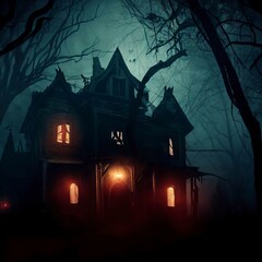 Fototapeta premium Horror halloween haunted house in creepy night forest