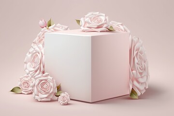 white box with pink flowers on a pink background. Generative AI