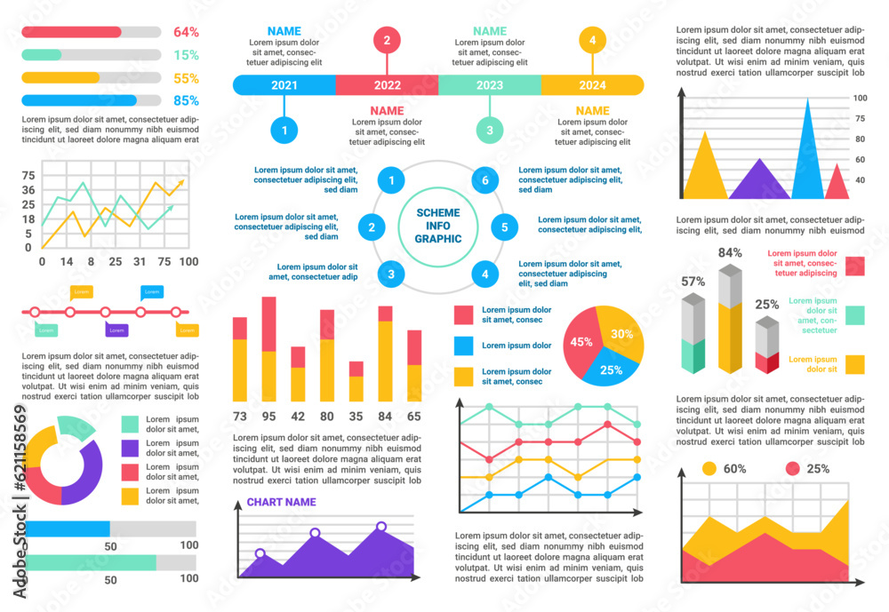 Poster Infographic chart elements. Graph, colorful diagram and bar, timeline icons, line number. Business flow design, data icons. Analytical information for presentation. Vector template